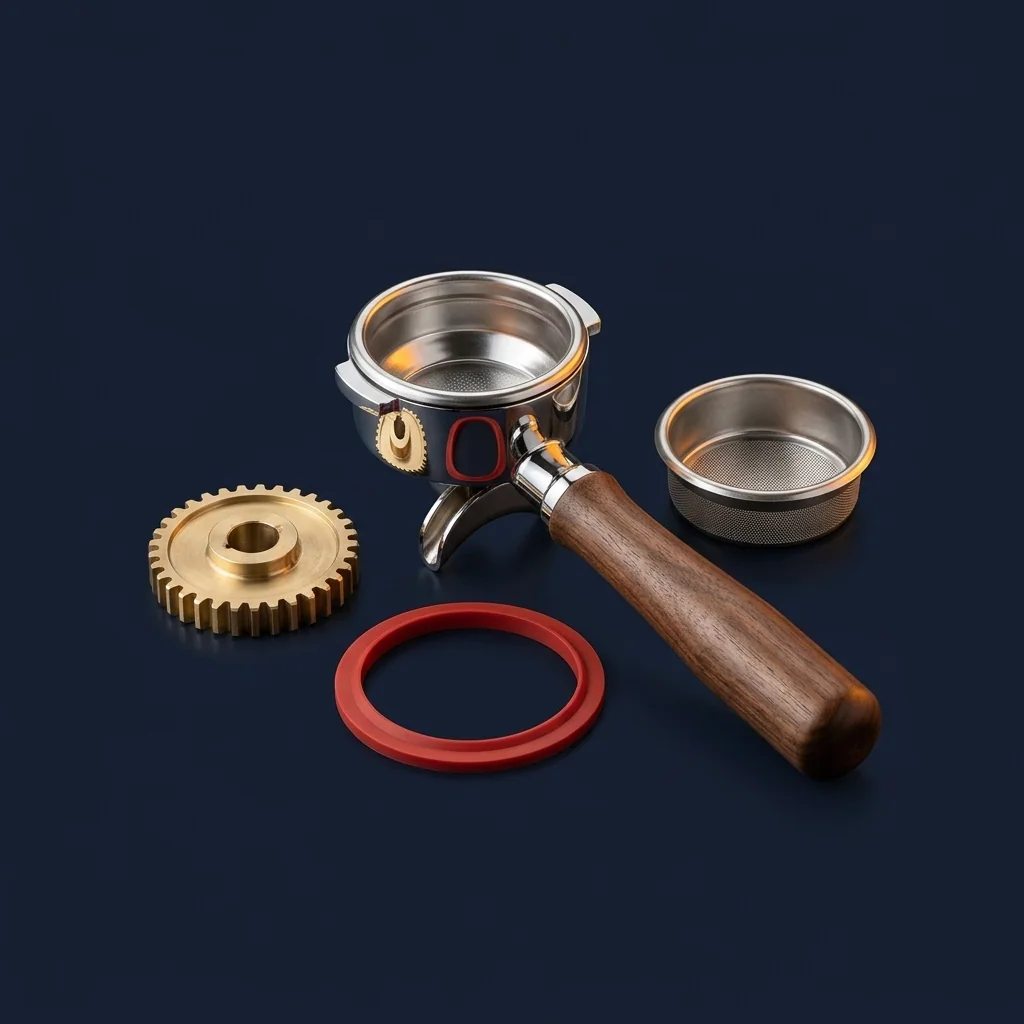 PartFixLab precision replacement parts: espresso portafilter with mesh filter basket, silicone gasket, steel filter basket and brass gear on a dark studio background